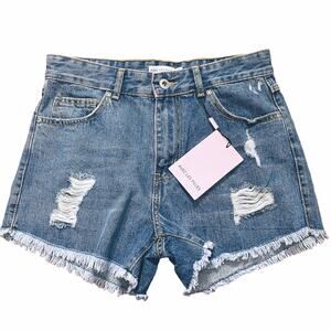 Avec Les Filles Denim High Rise Shorts Distressed Raw Hem Size 27 NEW